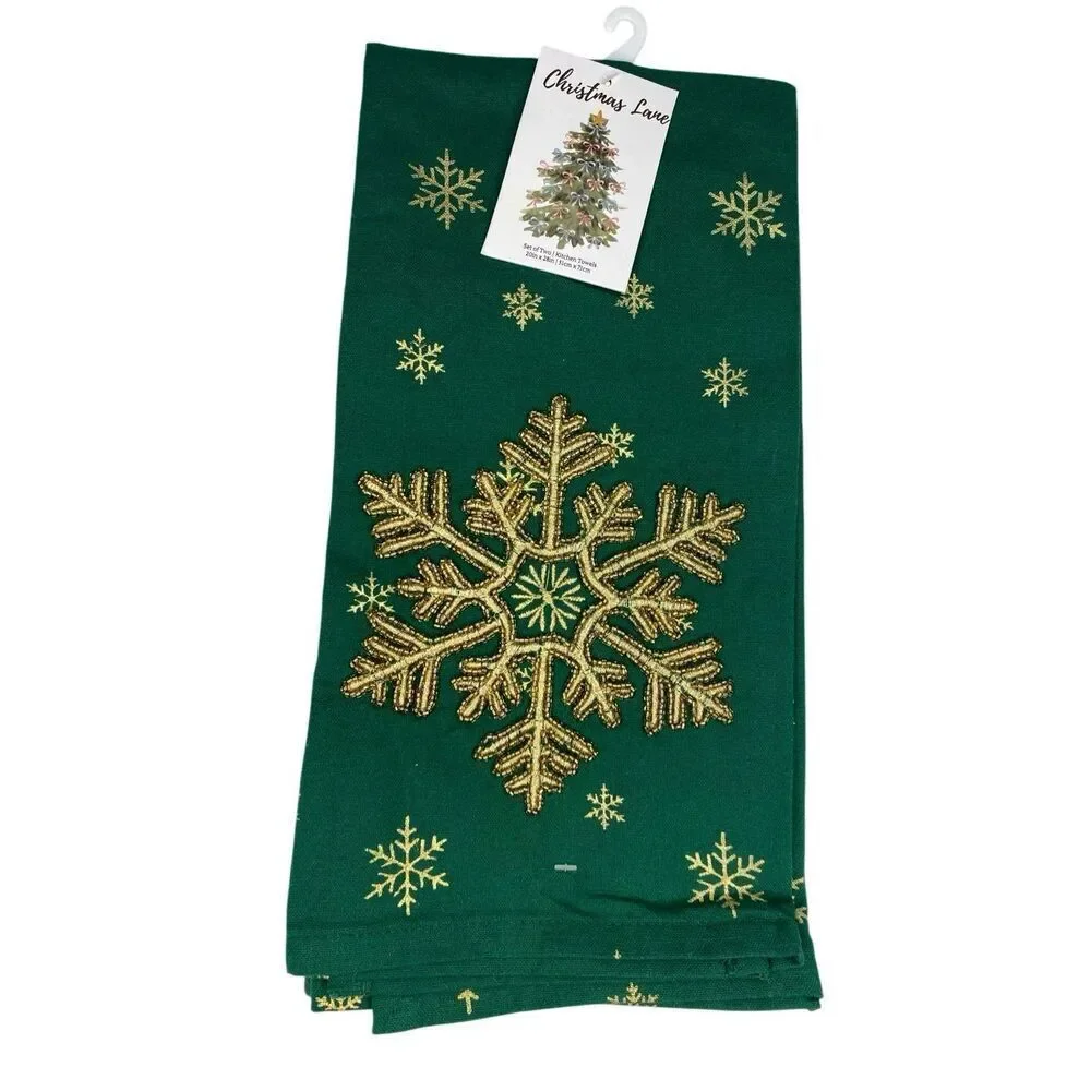 Set Of 2 Nwt Christmas Lane Gold Snowflake Beaded Kitchen Towels 20x28 Holiday